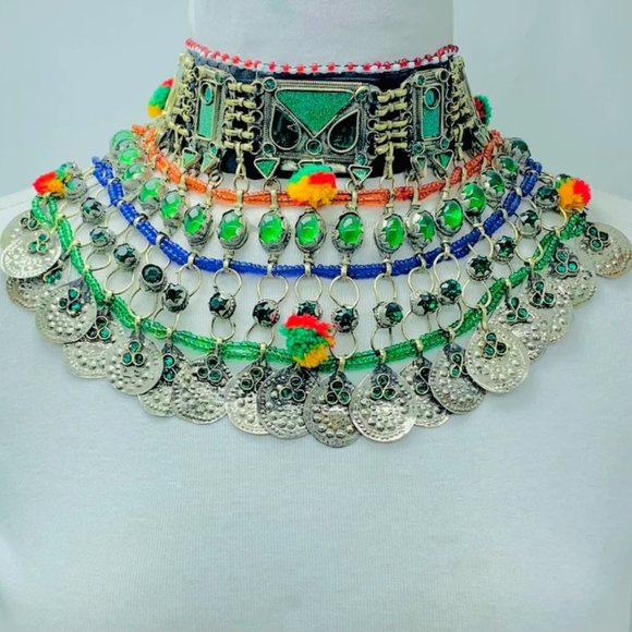 Multicolor Choker Necklace, Tribal Afghan Choker With Silver Dangling Coins - Picture 3 of 6